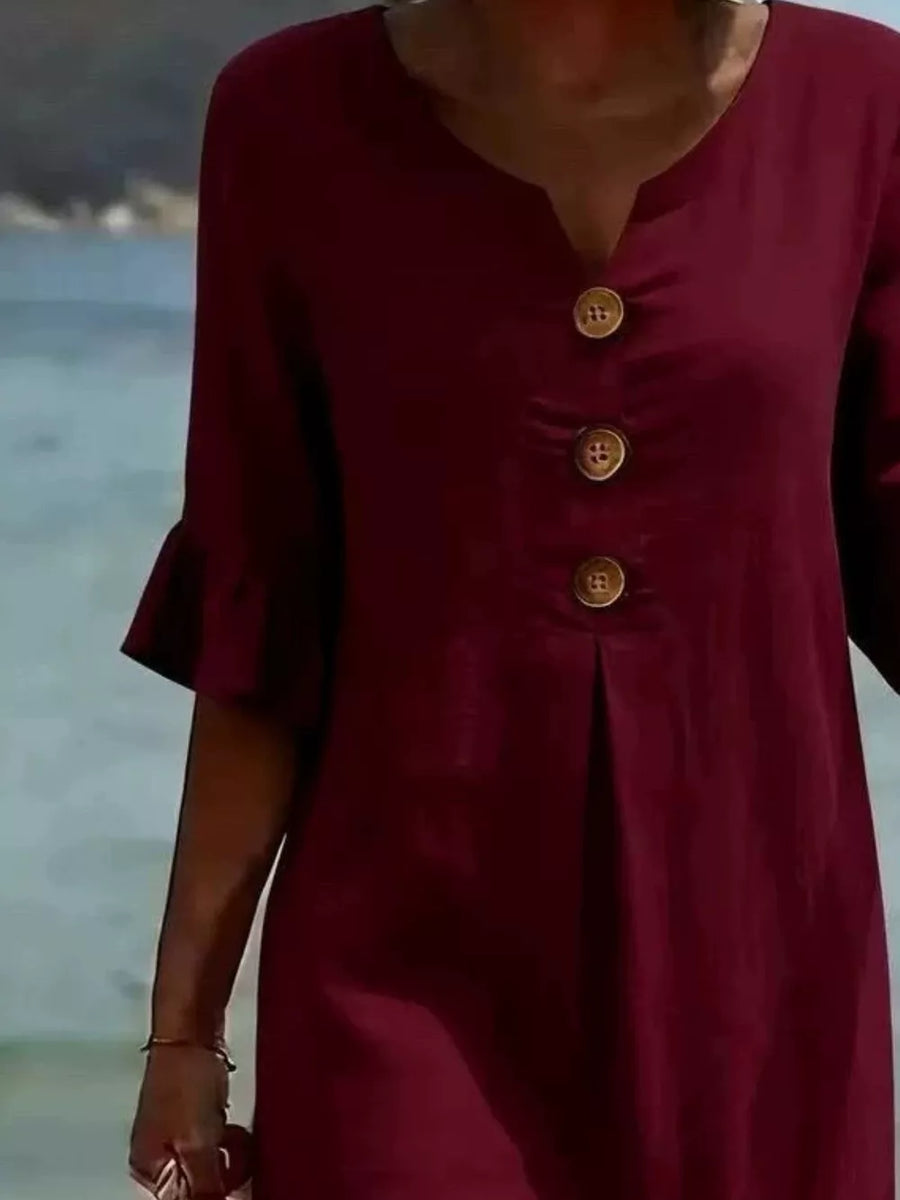 Burgundy Full Size Casual Button Midi Dress With Ruffle Sleeves