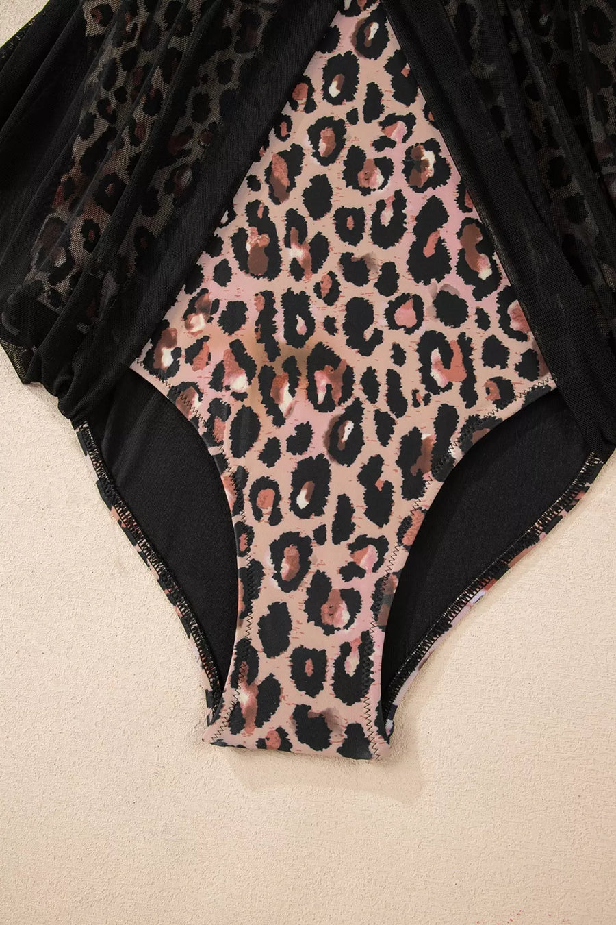 one-piece swimsuit in black with leopard-print and mesh patchwork