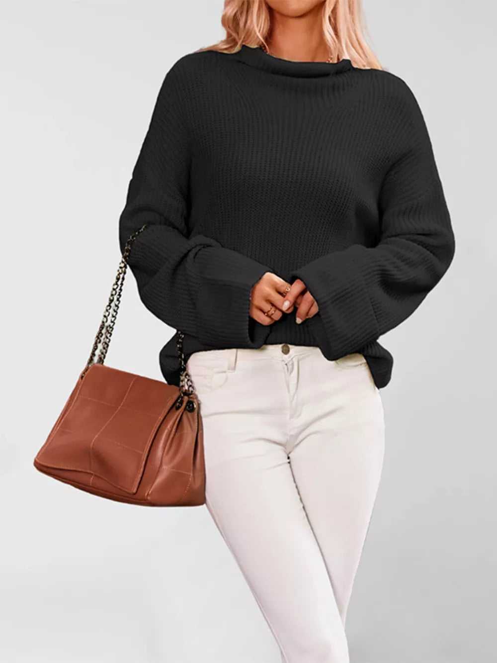 minimalist mock neck sweater in Black with mock neck