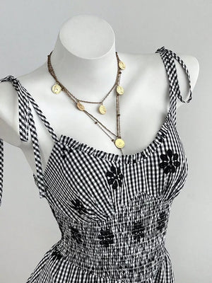 Gingham Floral Tiered Mini Dress in Black