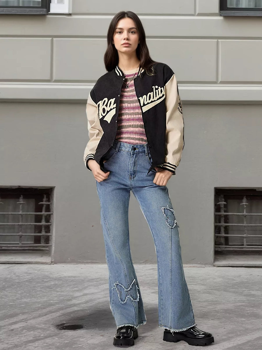 Contrast Baseball Jacket With Embroidered Lettering in Green