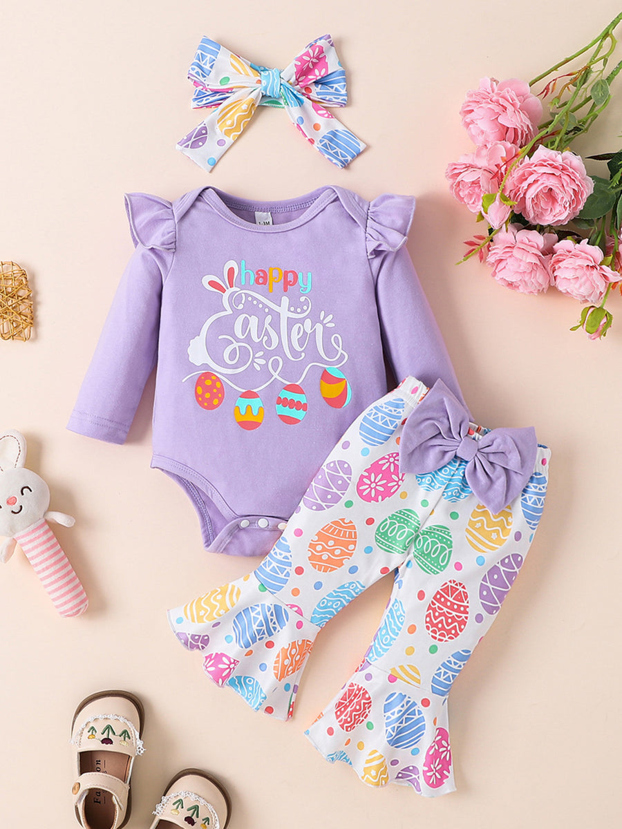 Lavender Easter baby set with ruffled sleeves and egg print bell-bottom pants.