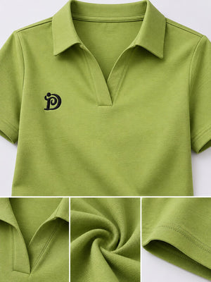 orange polo shirt with hip-length and half-button