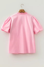 Pink cotton shirt with embroidered collar and puff sleeves
