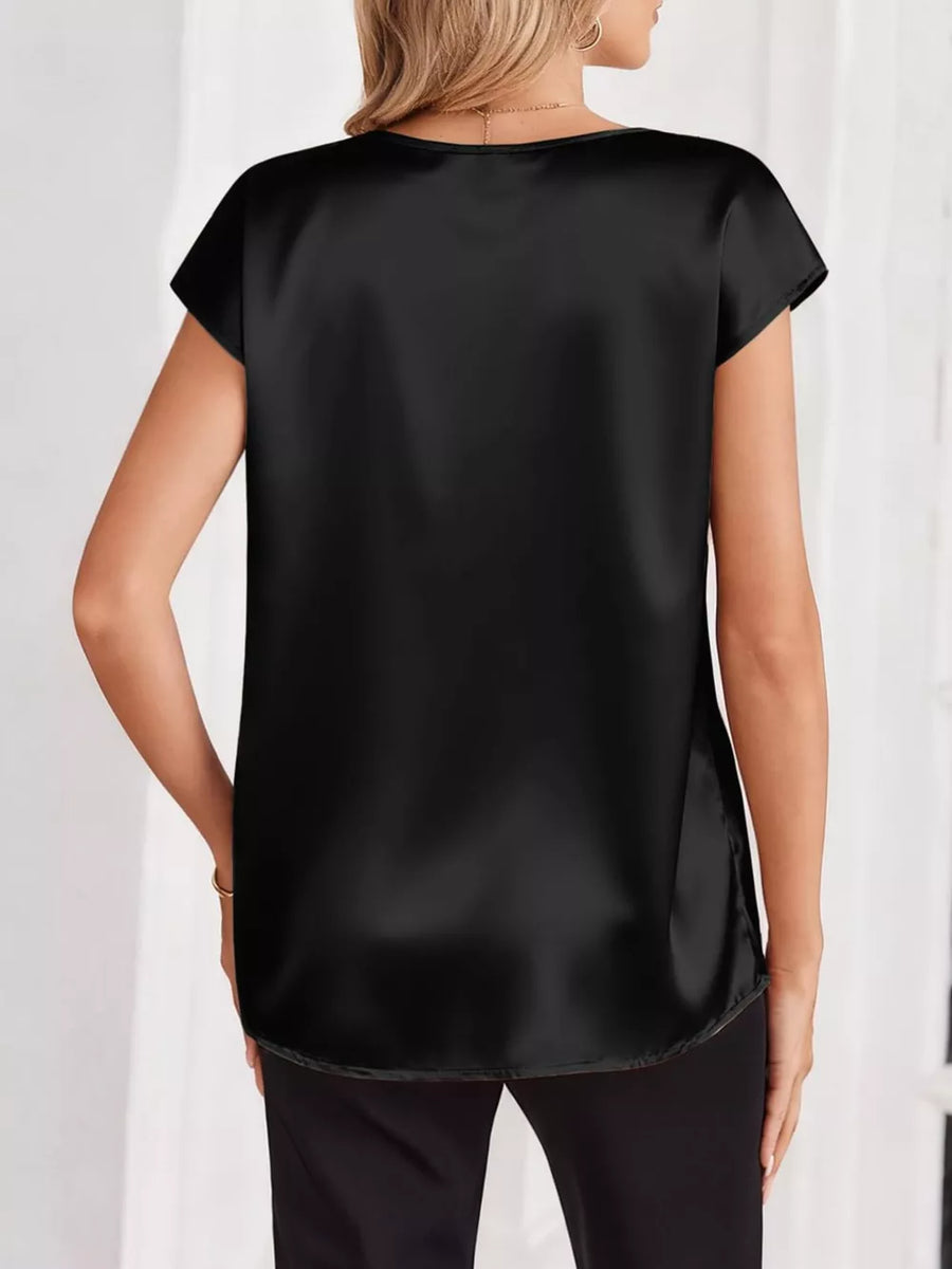 Black satin V-neck blouse with short sleeves and a relaxed fit.