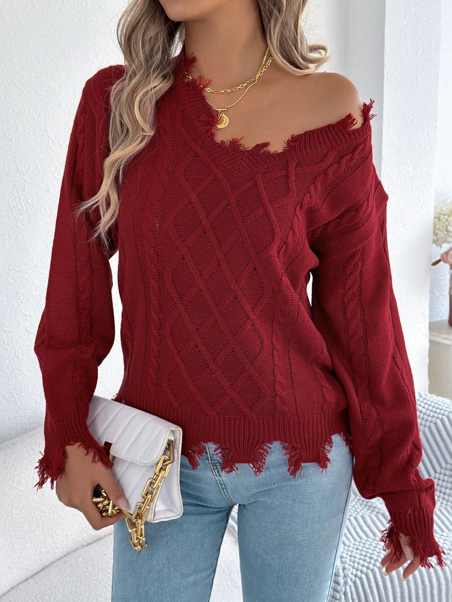 V-Neck Distressed Hem Cable Knit Sweater in Camel