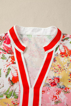Contrast Collared V Neck Short Sleeve Floral Blouse option 7