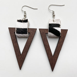 Leopard print & wood triangle earrings with metal hooks.