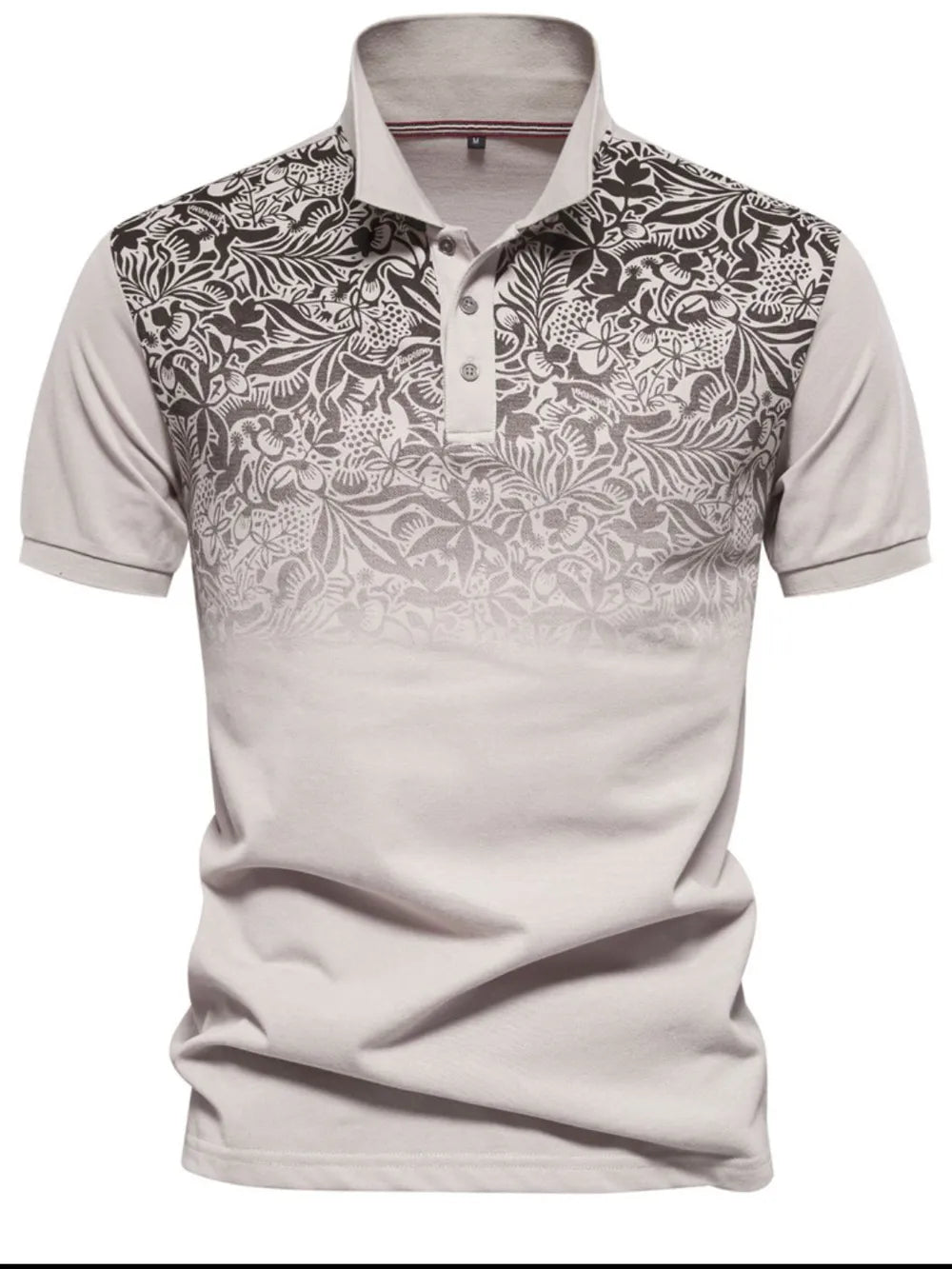 Khaki polo shirt with floral ombre pattern on the yoke and sleeves.
