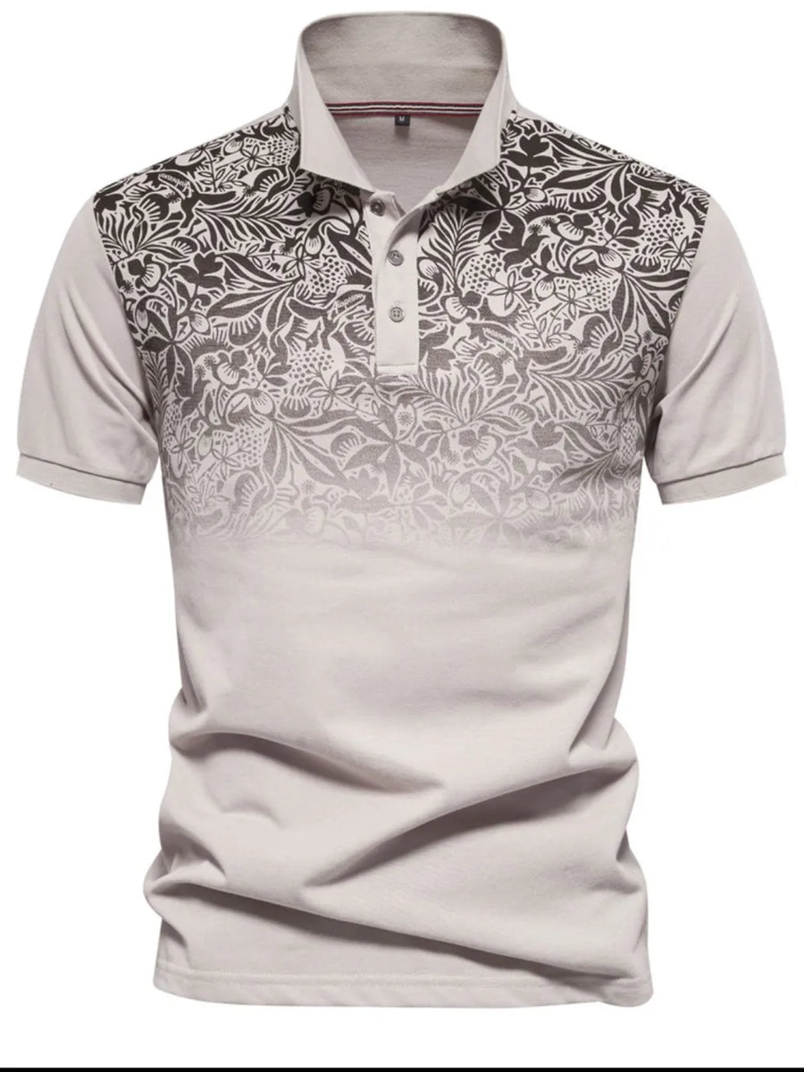Khaki polo shirt with floral ombre pattern on the yoke and sleeves.