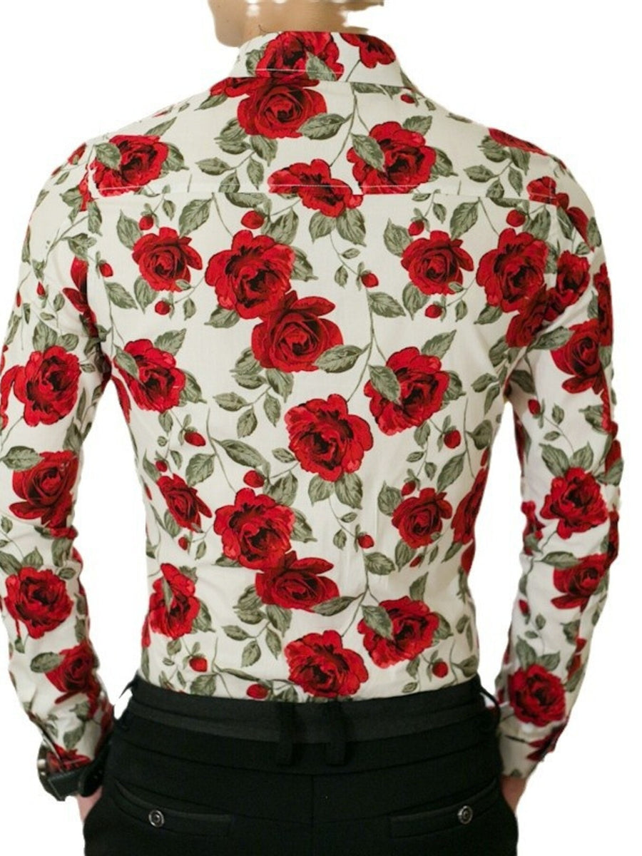 Men's white floral print slim fit shirt with red roses and green leaves, cotton blend.