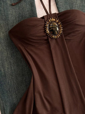Coffee Brown, Embellished Front Halter Neck Cami in Coffee Brown