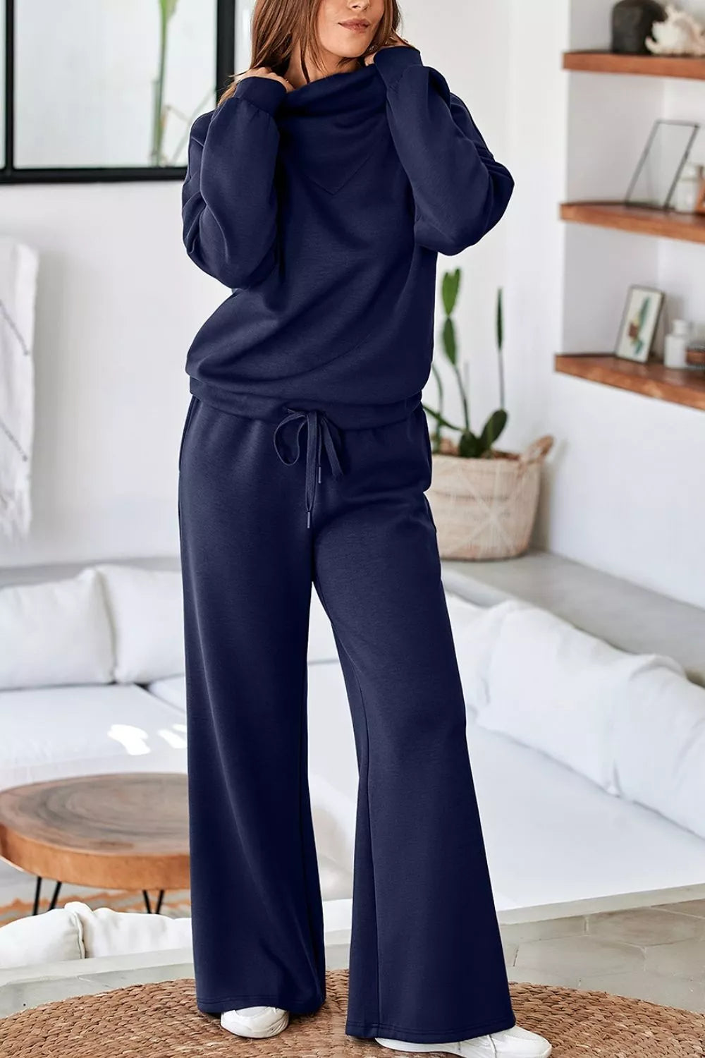50% polyester, 45% viscose, 5% elastane Care instructions: Machine wash cold lounge set in Dark Navy with relaxed silhouette