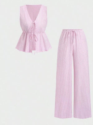 Striped Tie-front Sleeveless Top And Pants Set in Royal Blue