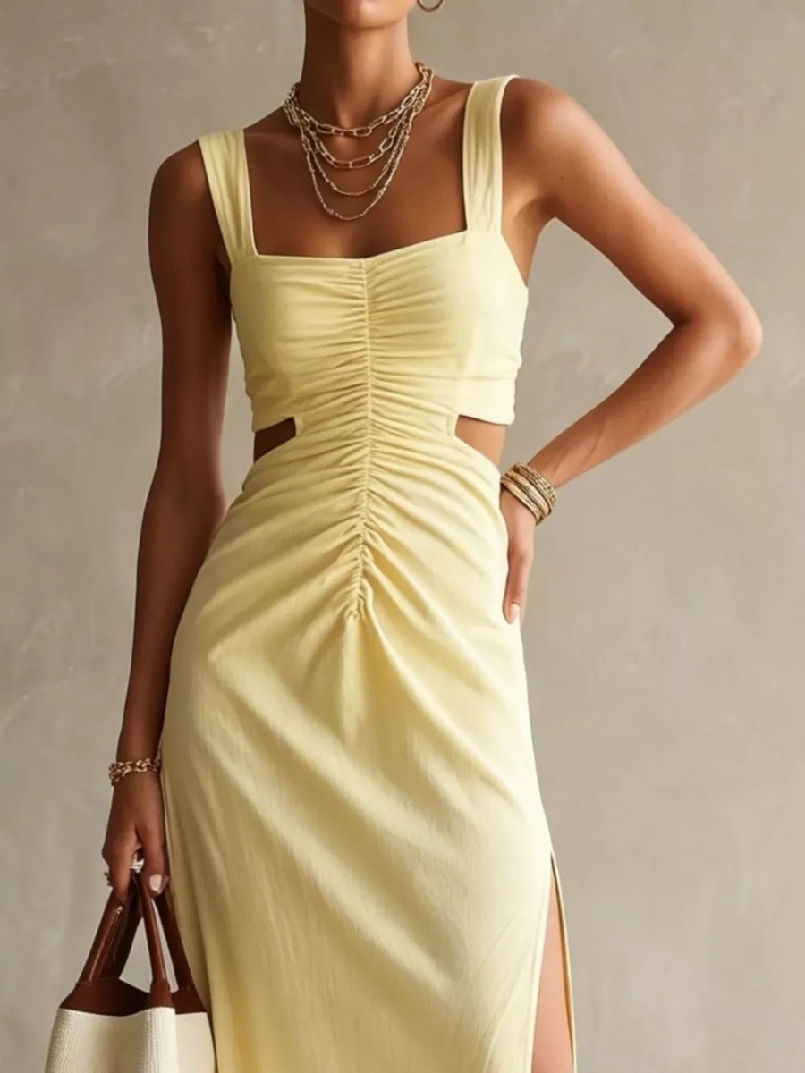 Light Yellow Ruched Cut-out Midi Dress
