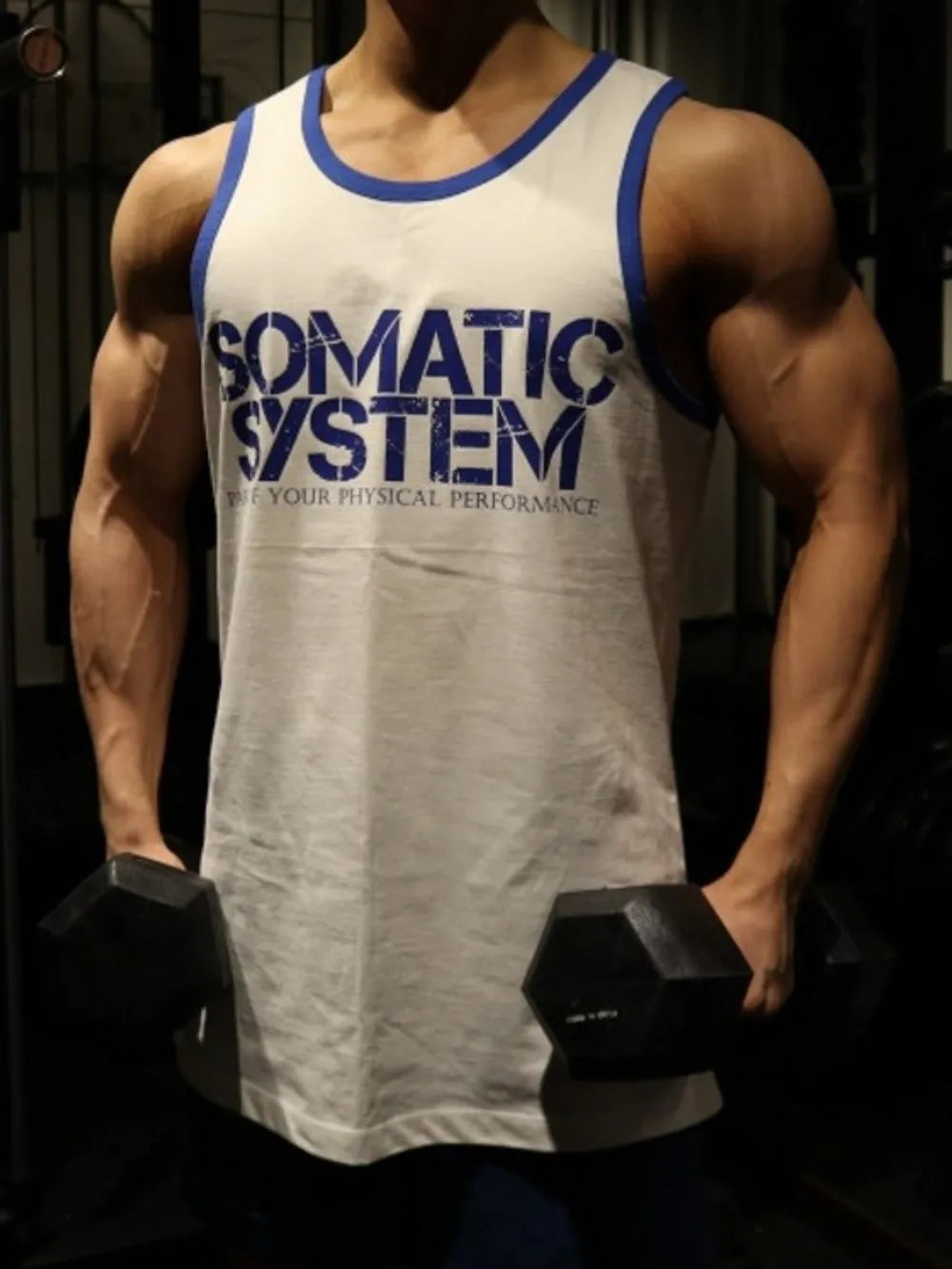 White Somatic System graphic tank top with blue trim and neckline.