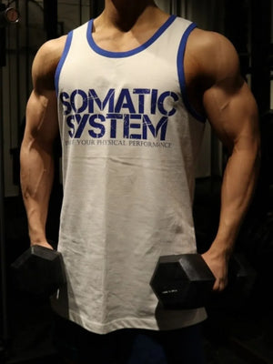 White Somatic System graphic tank top with blue trim and neckline.