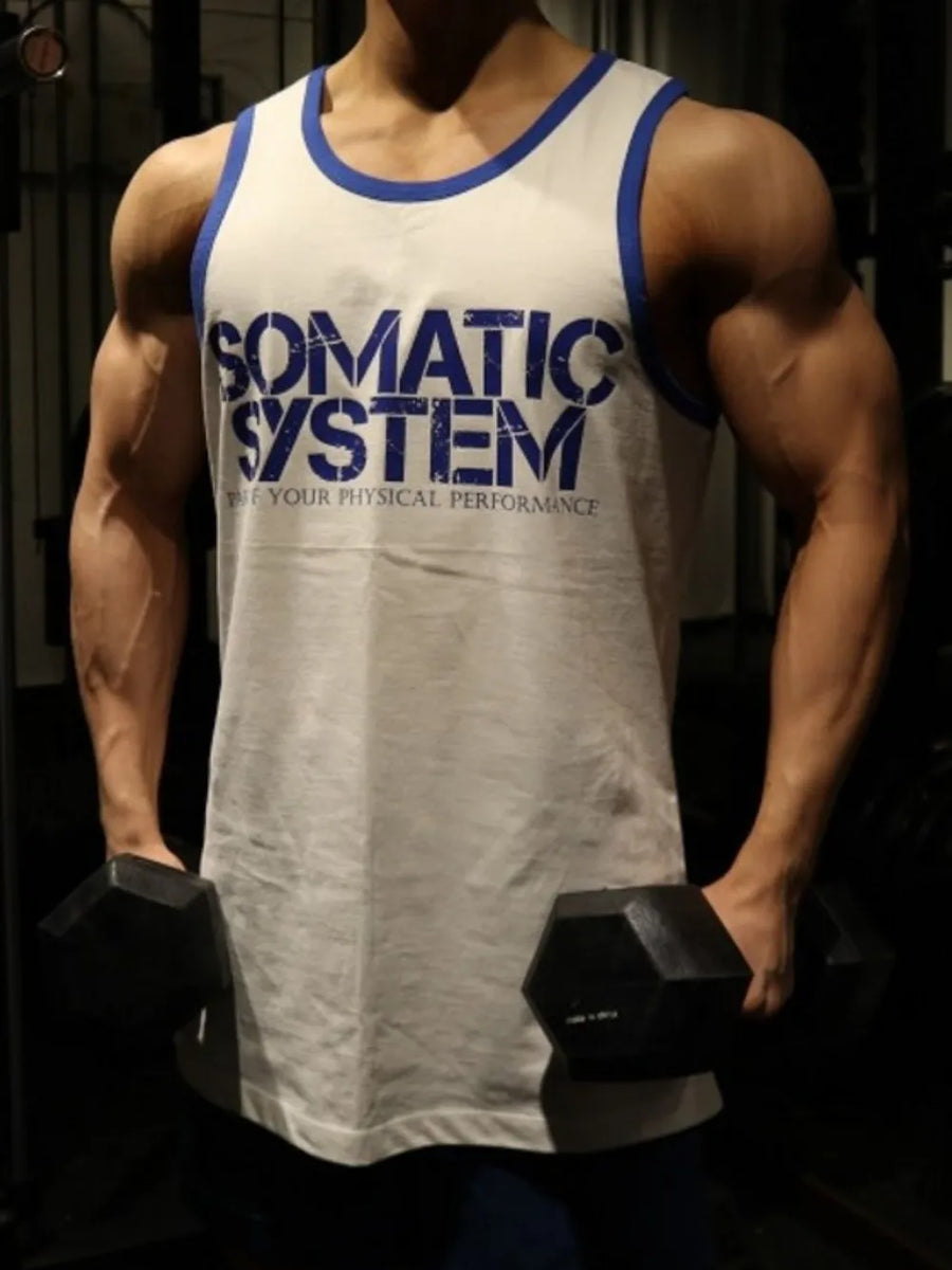 White Somatic System graphic tank top with blue trim and neckline.