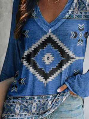 Blue long sleeve t-shirt with V-neck and geometric Aztec print.