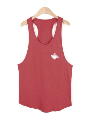 Rust Olympia racerback tank top with white graphic logo detail.