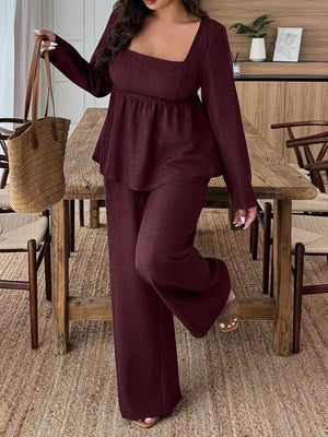 Elegant ruched wine red two-piece set with square neck top and wide leg pants