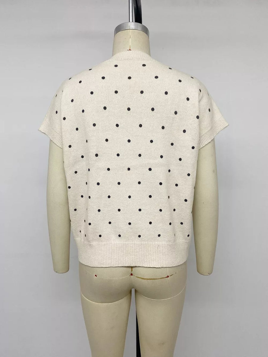 pullover sweater featuring polka dot in black with 65% polyester, 13% plyamide, 13% acrylic, 6% wool, 3% elastane Care