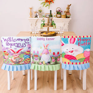 Easter bunny chair covers with ruffles in Style A, Style B, and Style C featuring gnome and egg prints.
