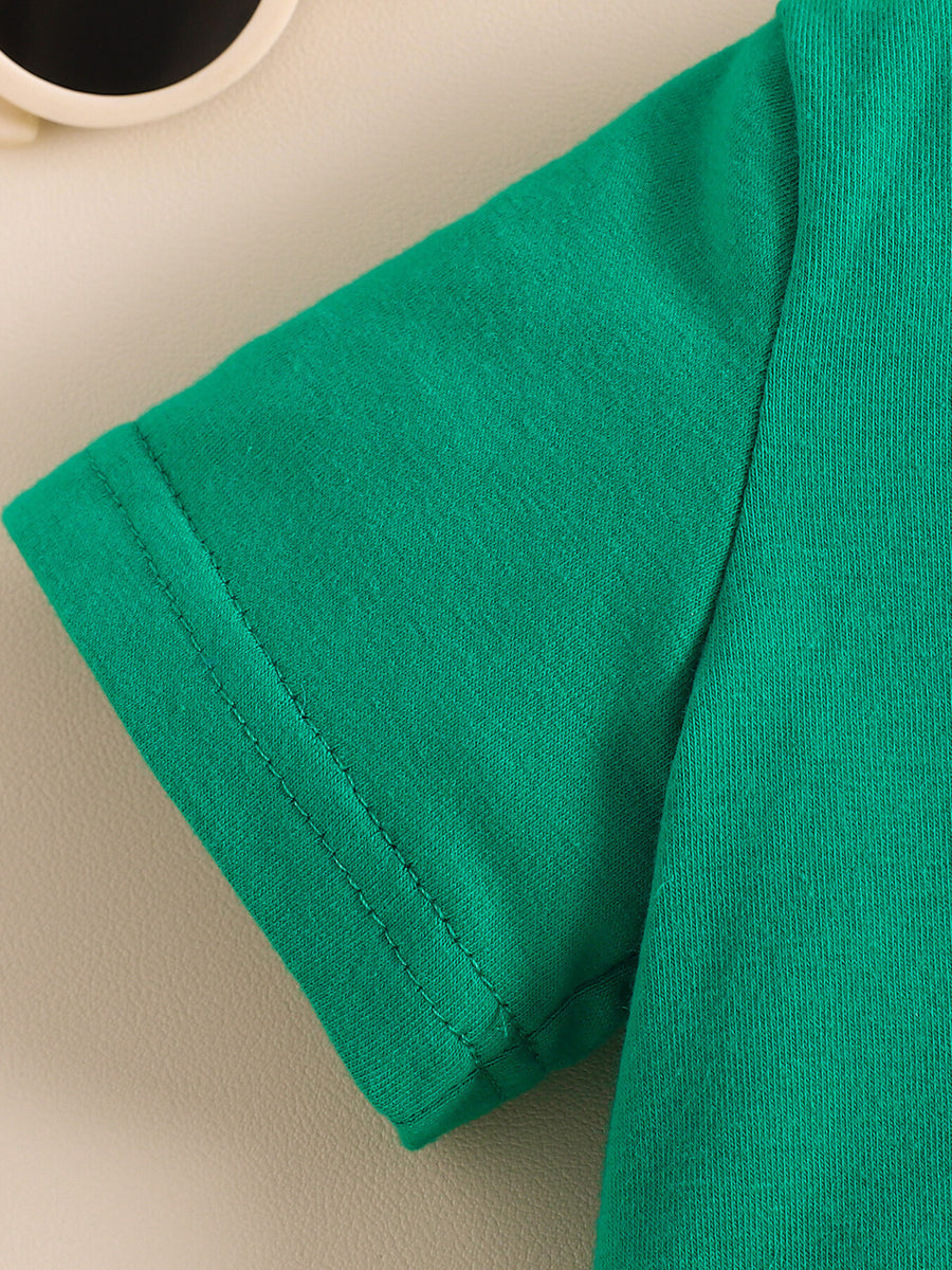 Green cotton baby tee sleeve detail with double-stitched hem
