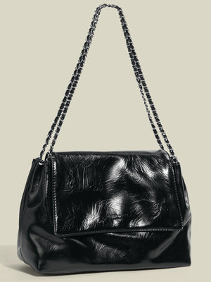 Black crinkled pu leather shoulder bag with chain strap