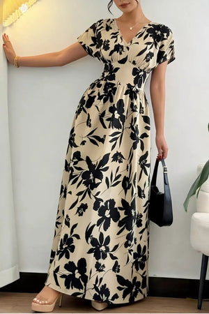 black A-line dress with floral and v-neck