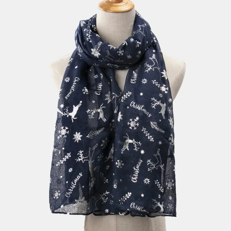 Dark Navy Christmas print scarf with reindeer and snowflakes, metallic accents