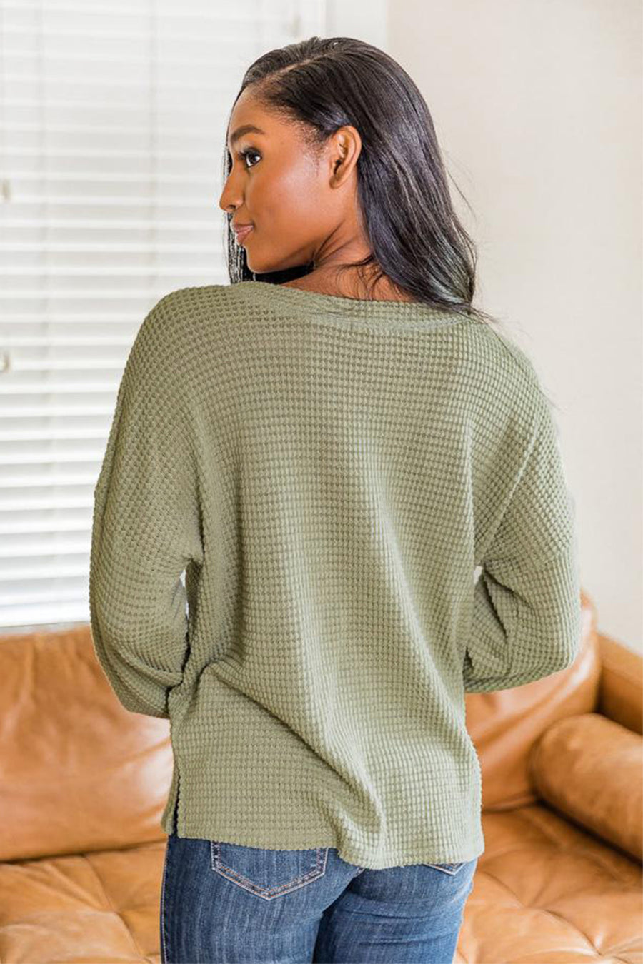 Waffle knit henley pullover in Matcha Green with long sleeves and a relaxed fit.
