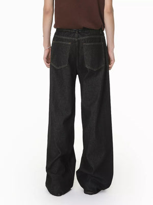 Men's relaxed fit dark wash denim jeans with button fly and wide leg