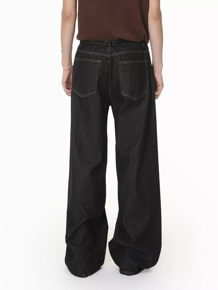 Men's relaxed fit dark wash denim jeans with button fly and wide leg