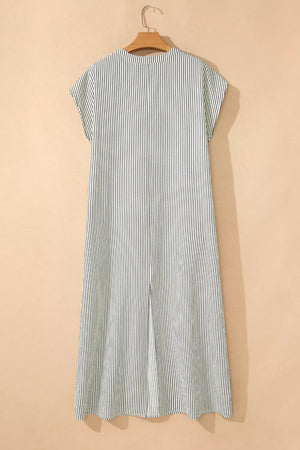Black and white striped button-down maxi swim dress with cap sleeves.