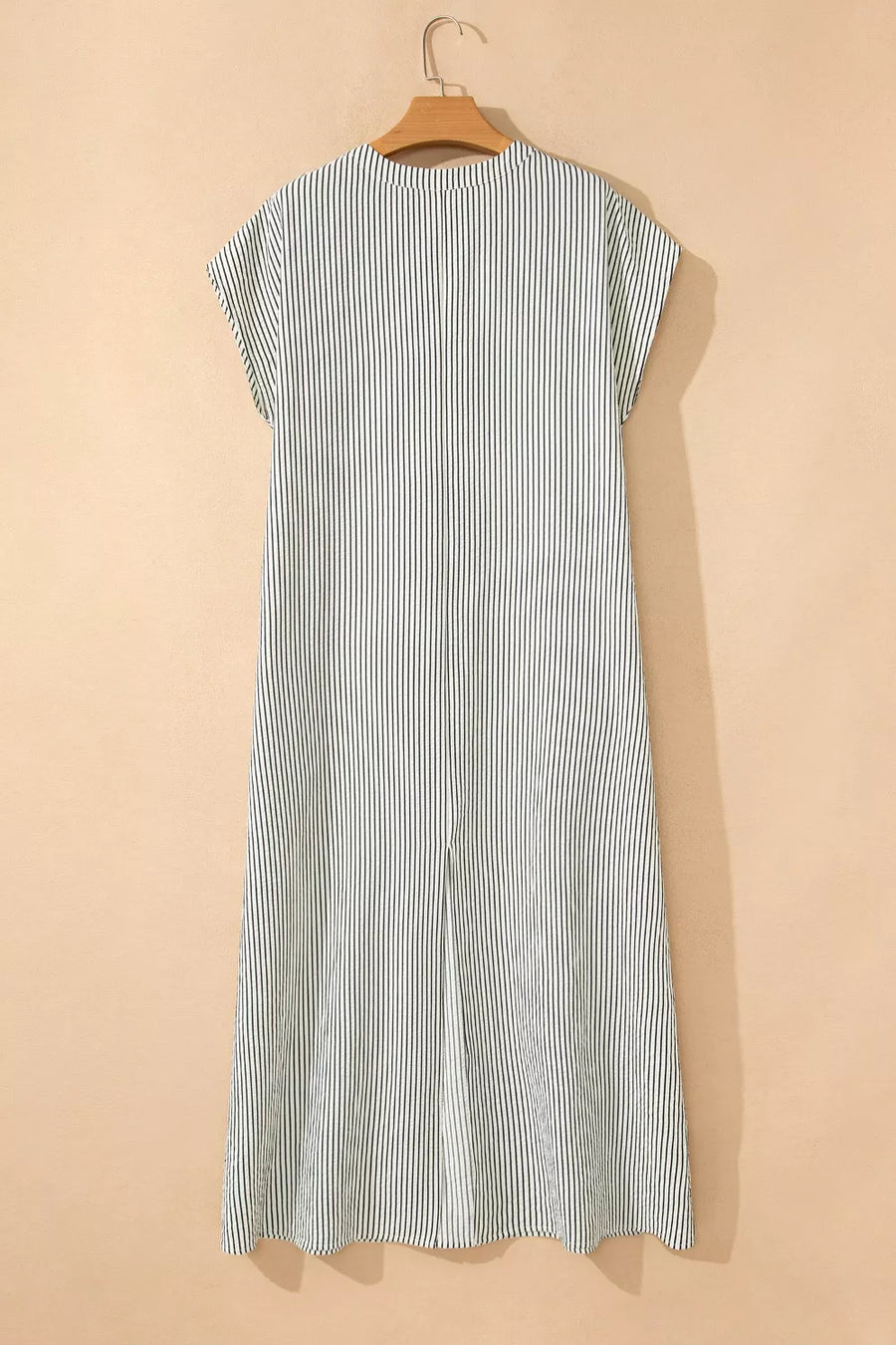 Black and white striped button-down maxi swim dress with cap sleeves.