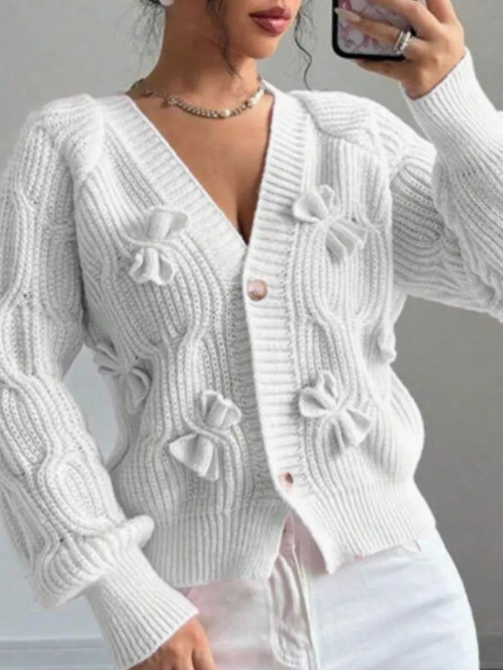 Bow Cable Knit V-neck Cardigan in Purple