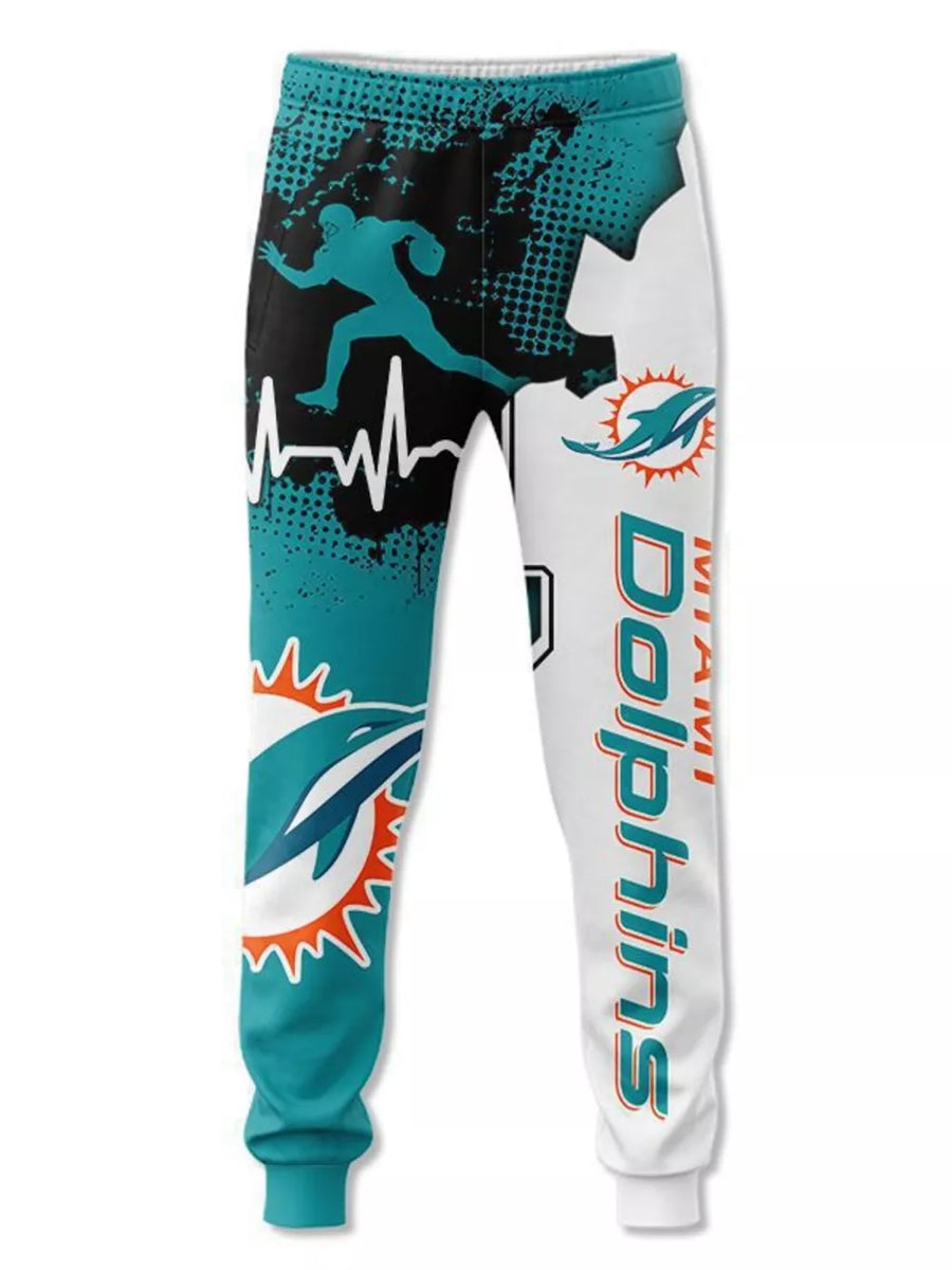 Miami Dolphins sweatpants with football player graphic and heartbeat line