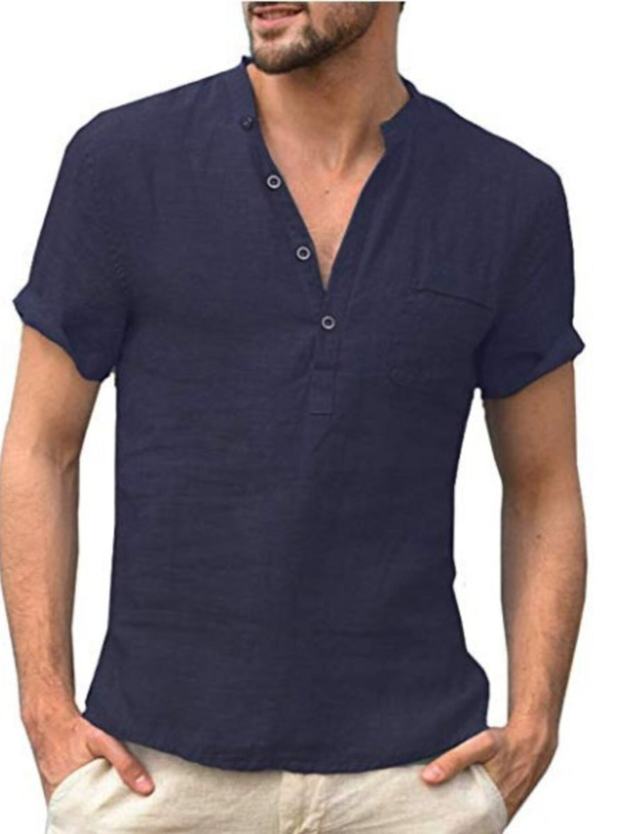 Men's navy blue casual shirt with button detail and chest pocket