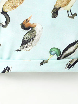 Baby outfit in light blue cotton blend with all-over bird print
