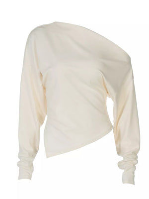 Apricot draped asymmetrical off-shoulder t-shirt with long sleeves.