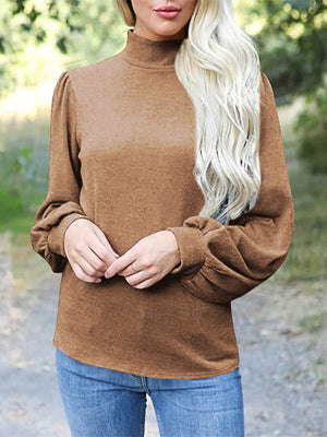 Camel mock neck top with puff sleeves and button back detail