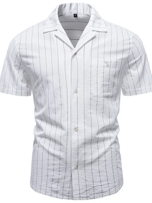 White short-sleeve cotton shirt with navy pinstripes and a chest pocket.