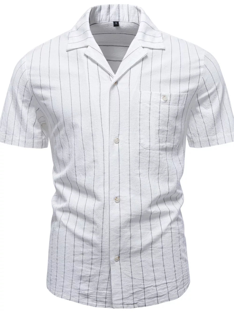 White short-sleeve cotton shirt with navy pinstripes and a chest pocket.