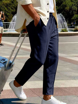straight-leg pants in Navy Blue with drawstring and full-length