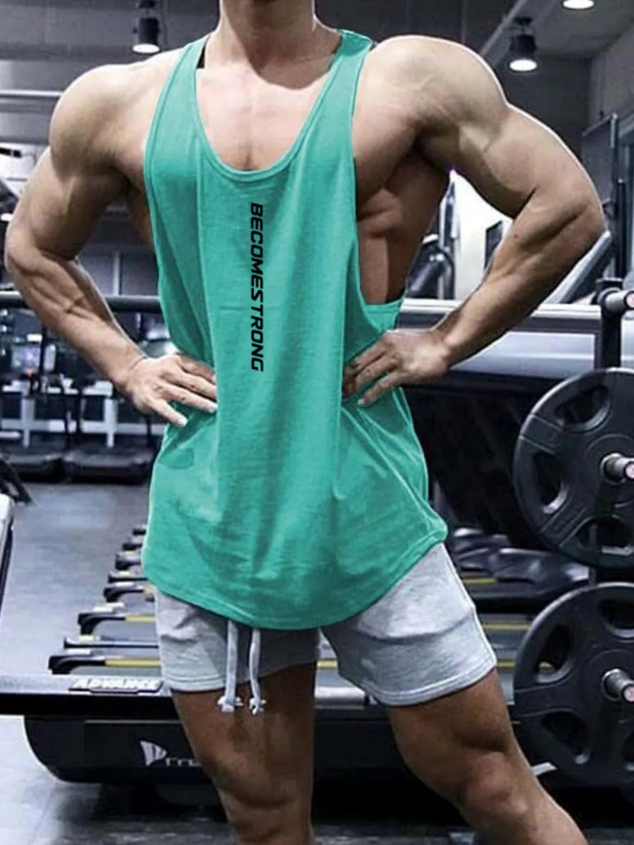 Turquoise slub tank top with vertical black text detail, U-neck, sleeveless, relaxed fit.