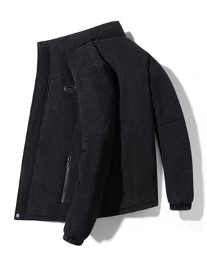 Men's black corduroy puffer jacket with zip pocket detail