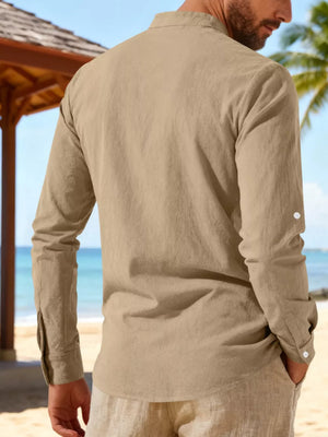 Men's Khaki Linen Shirt with band collar and button cuffs, casual long sleeve style.