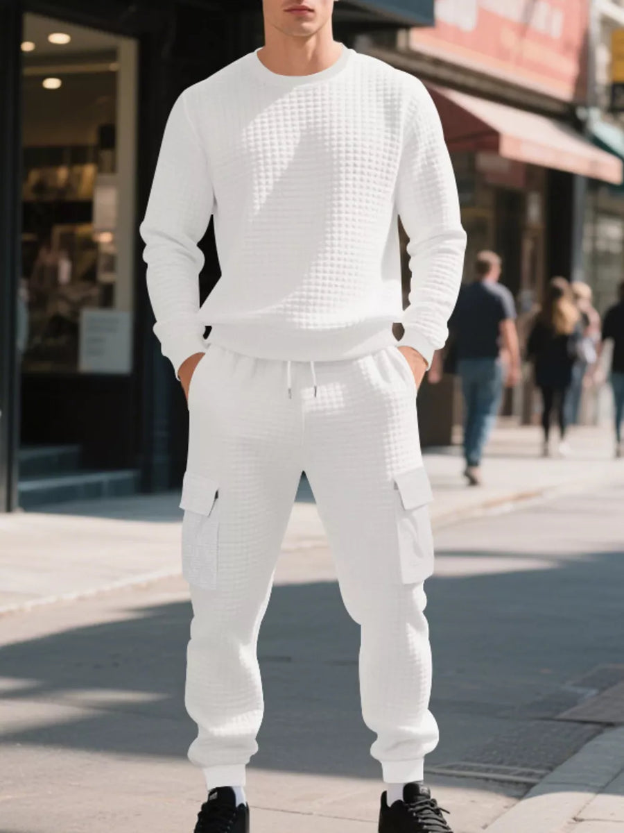 white lounge set with waffle knit and crew neck