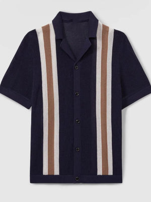 Navy knit polo shirt with vertical stripe detail and button-up neckline.
